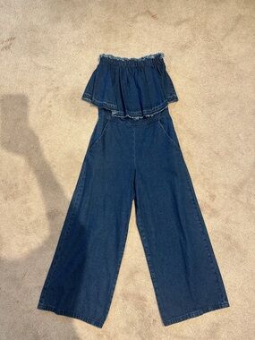 J.O.A. Dark Blue Denim Strapless Jumpsuit